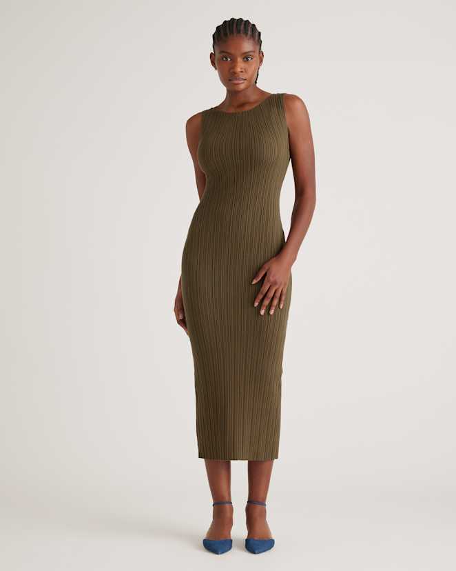 Olive Cotton Cashmere Ribbed Sleeveless Midi Dress