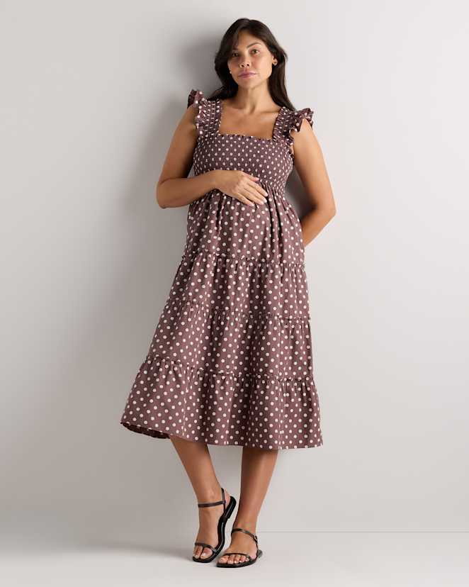 Mocha Midi Dot 100% Organic Cotton Poplin Maternity Smocked Midi Dress
