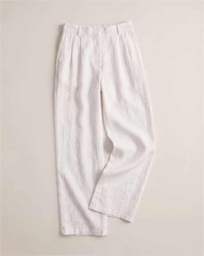 White 100% European Linen Pleated Trouser