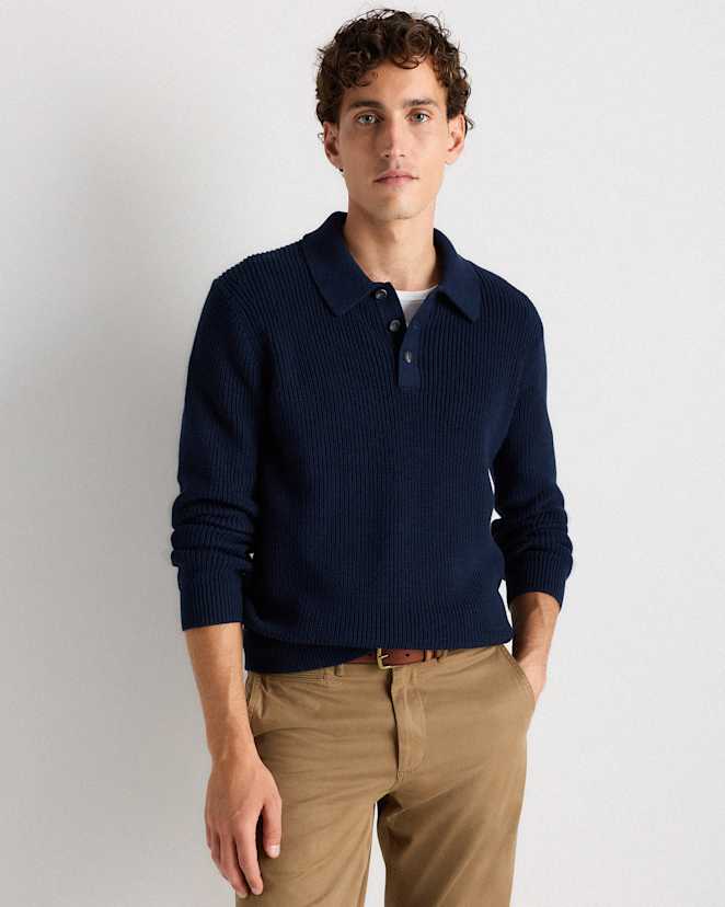 Navy 100% Organic Cotton Ribbed Polo Sweater