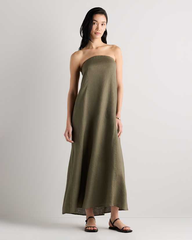 Bayberry Olive 100% European Linen Strapless Maxi Dress