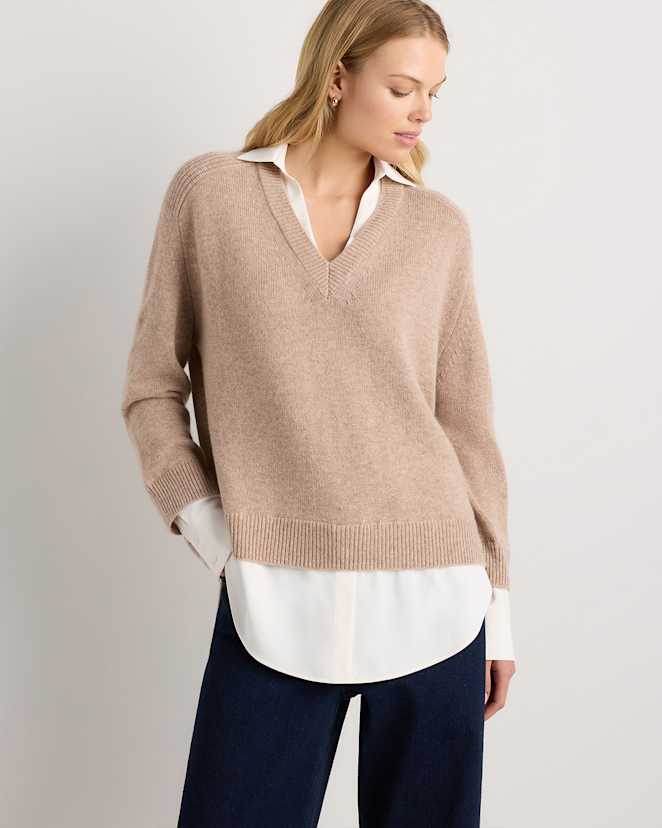Oatmeal 100% Mongolian Cashmere Layered V-Neck Sweater