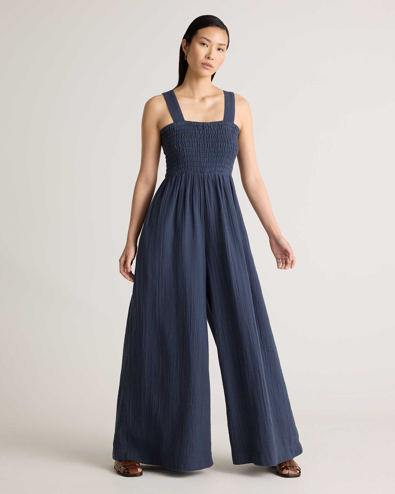 Indigo Blue 100% Organic Cotton Gauze Smocked Wide Leg Jumpsuit