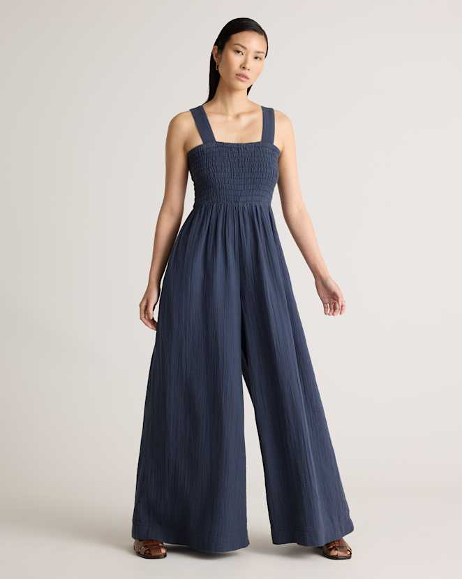 Indigo Blue 100% Organic Cotton Gauze Smocked Wide Leg Jumpsuit