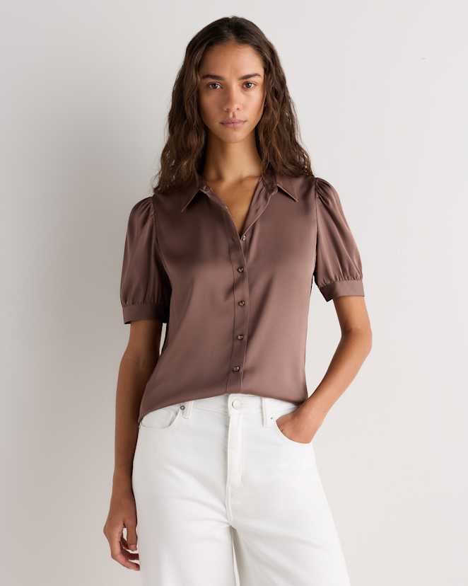 Mink Taupe Washable Stretch Silk Puff Sleeve Blouse