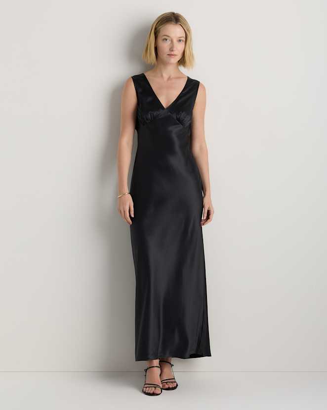 Black 100% Washable Silk V-Neck Maxi Dress