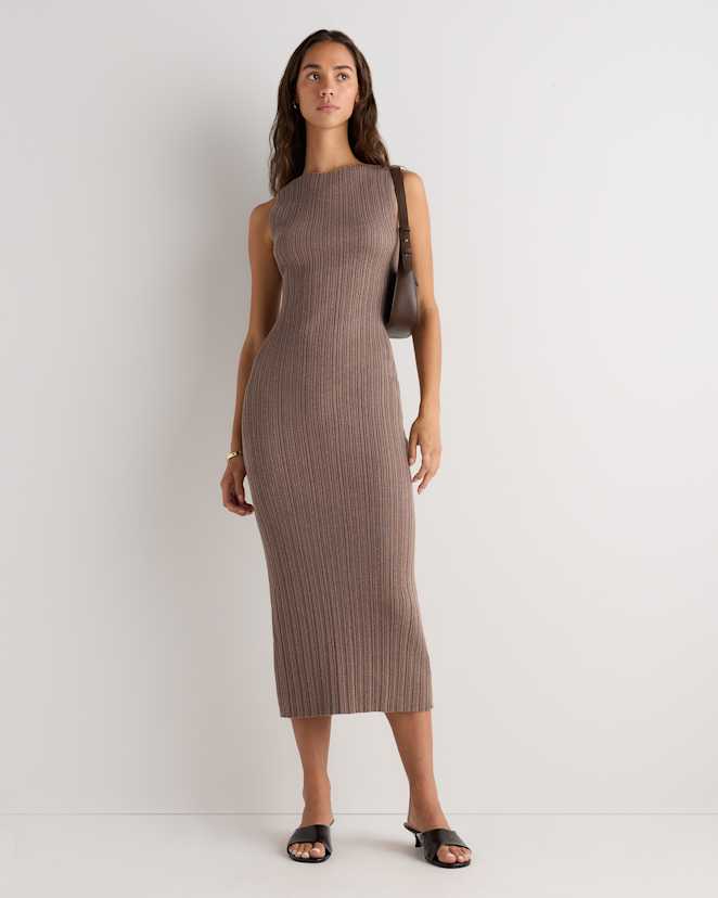 Heathered Mink Taupe Cotton Cashmere Ribbed Sleeveless Midi Dress