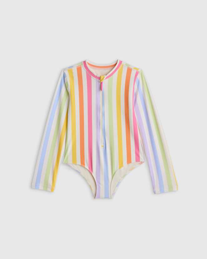 Rainbow Stripe Long Sleeve Zip-Up Swimsuit