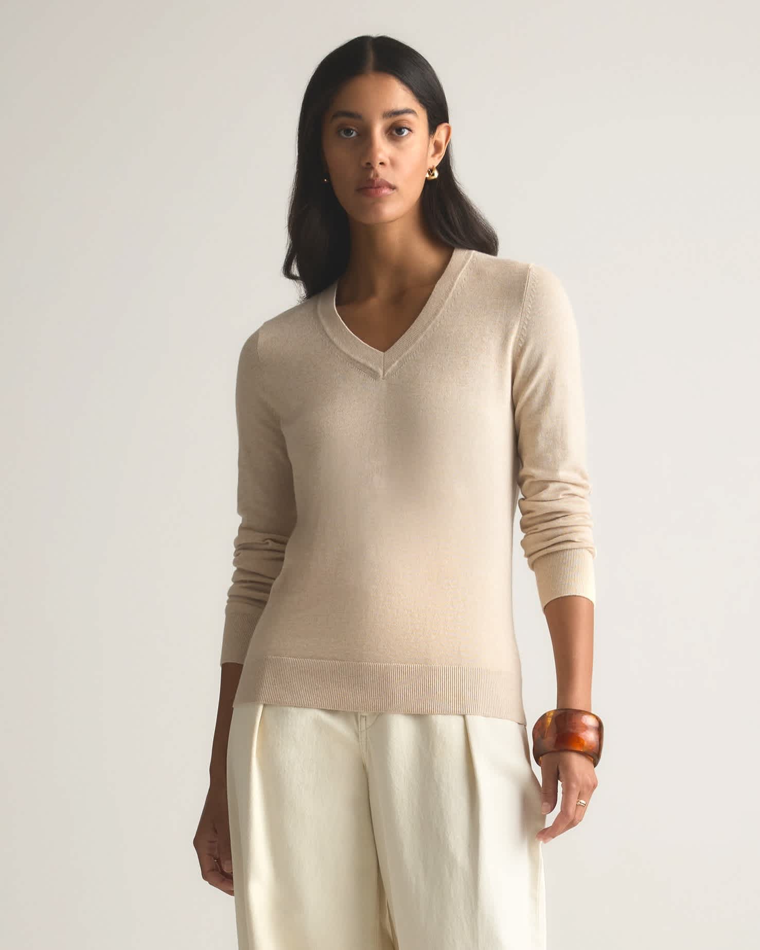 heather-oatmeal Lightweight Cotton Cashmere V-Neck Sweater