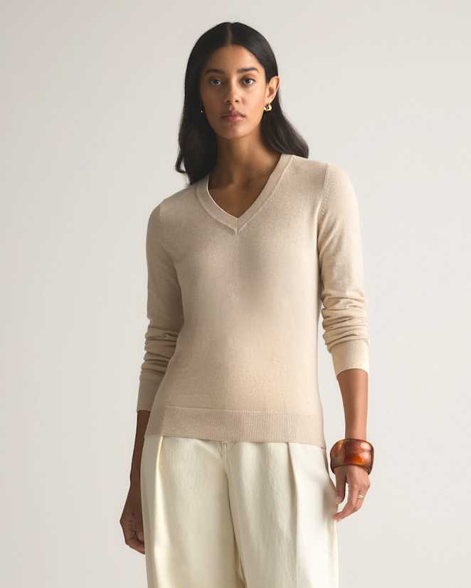 Heather Oatmeal Lightweight Cotton Cashmere V-Neck Sweater