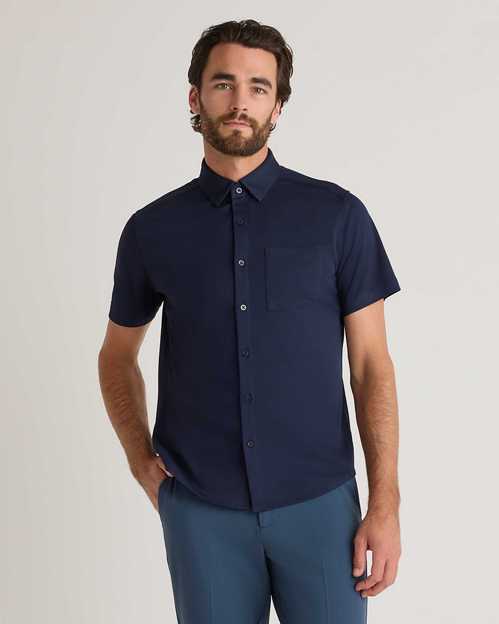 Navy Commuter Stretch Pique Short Sleeve Button Down