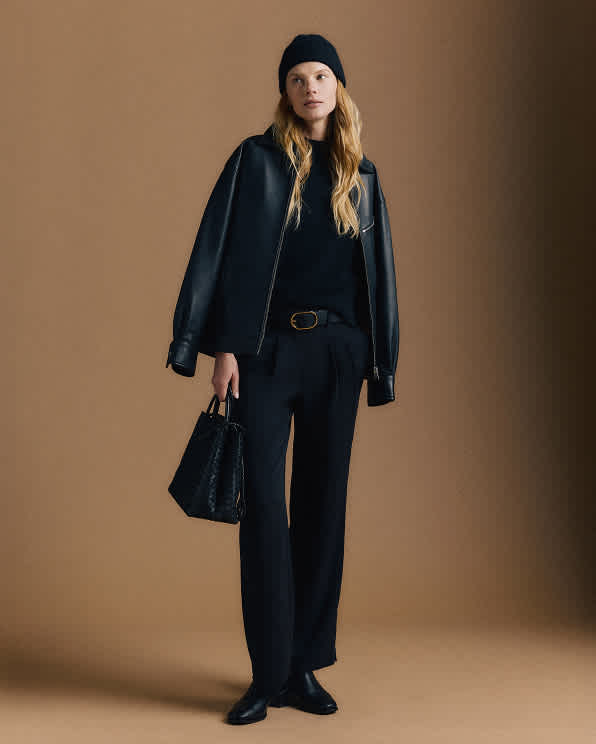 Black 100% Leather Oversized Bomber Jacket