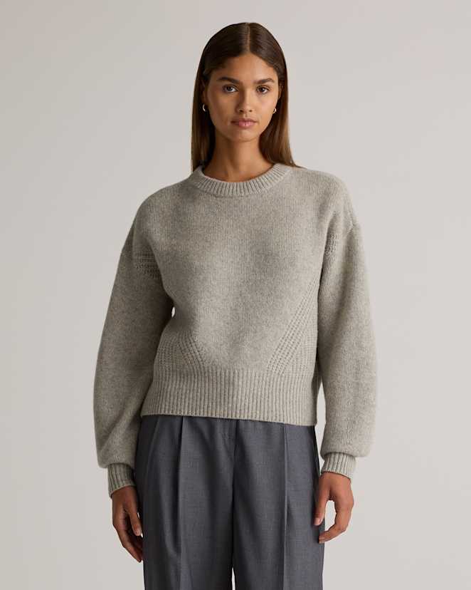 Warm Heather Grey 100% Yak Wool Pointelle Detail Relaxed Crew