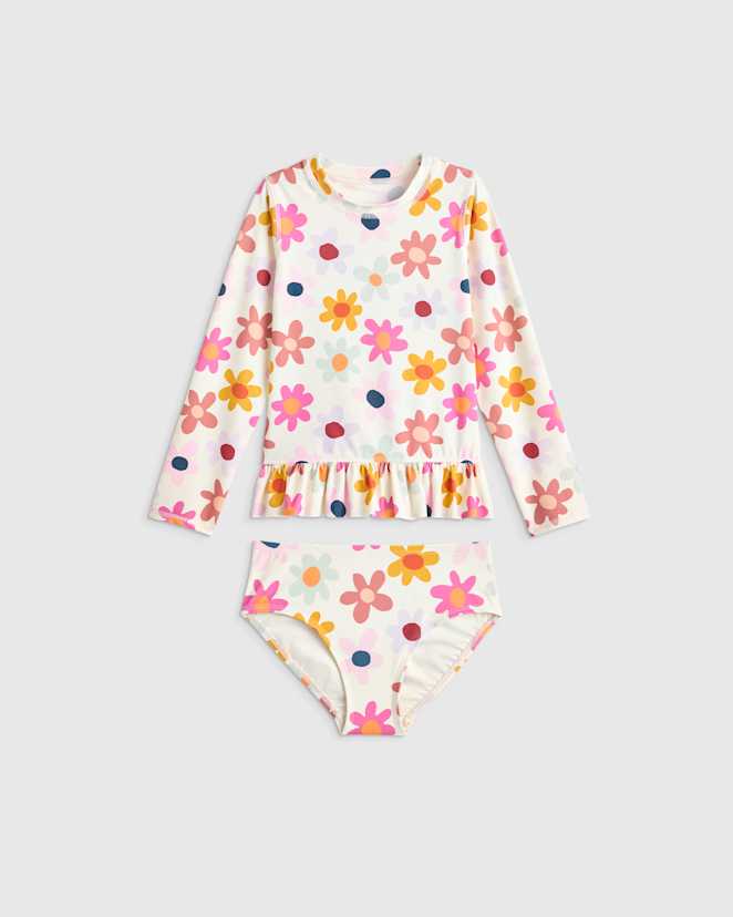 Happy Floral Long Sleeve Ruffle Rash Guard Two-Piece Swimsuit