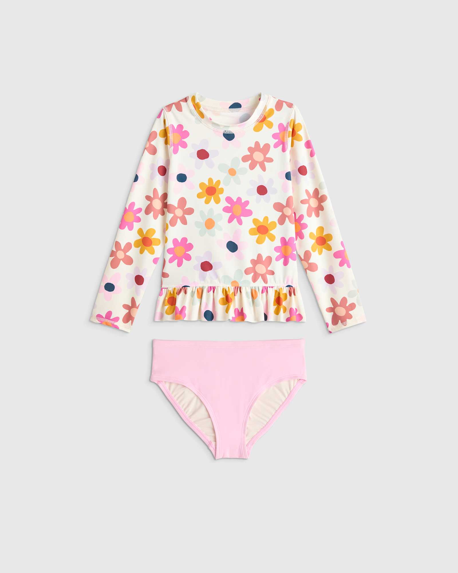 happy-floral Long Sleeve Ruffle Rash Guard Two-Piece Swimsuit