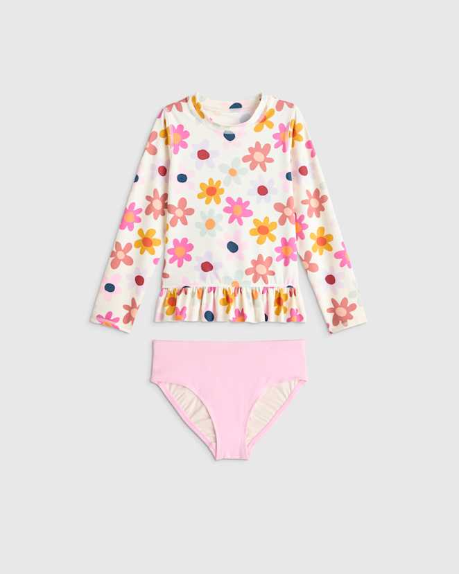 Happy Floral Long Sleeve Ruffle Rash Guard Two-Piece Swimsuit