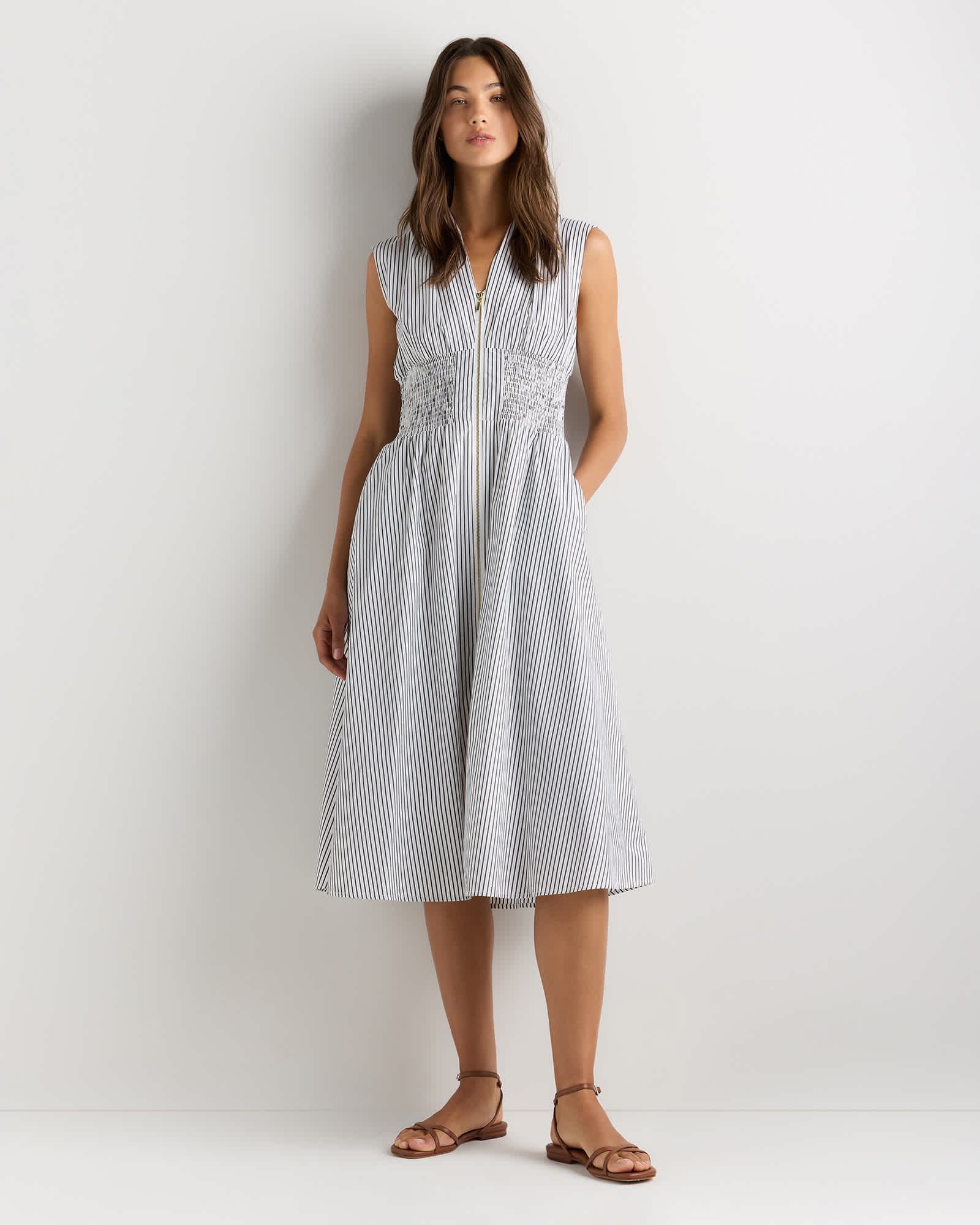 Steel Grey Soho Stripe 100% Organic Cotton Poplin Zip-Front Midi Dress
