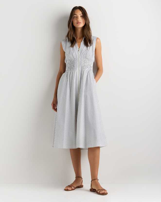 Steel Grey Soho Stripe 100% Organic Cotton Poplin Zip-Front Midi Dress