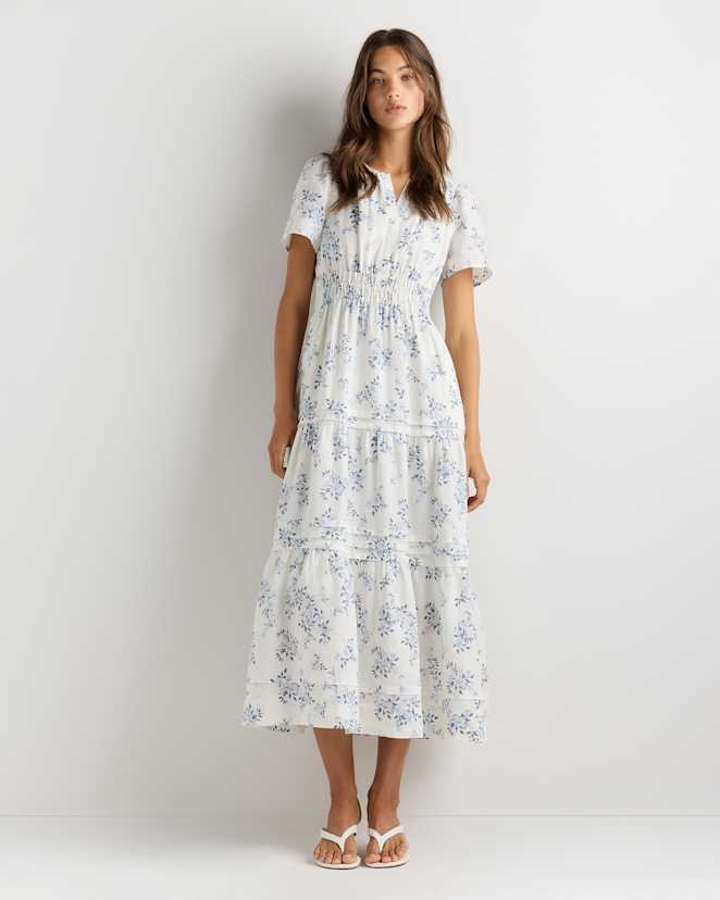 Ivory Porcelain Blue Petite Floral 100% European Linen Tiered Maxi Dress