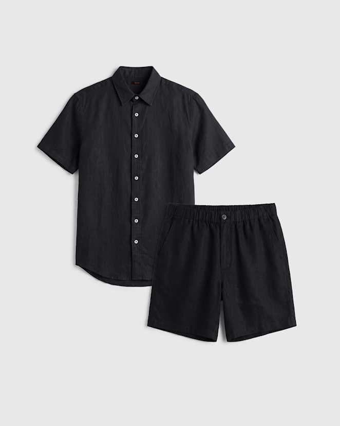 Black 100% European Linen Shorts Set