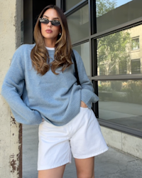 Mongolian Cashmere Oversized Crewneck Sweater - PDP Video Thumbnail (Faded Denim, 4x5)