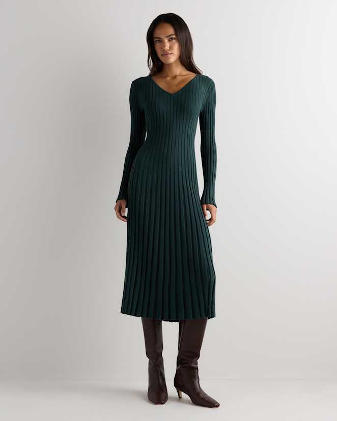 Deep Emerald Green Robe midi à manches longues côtelée en coton et cachemire à col en V