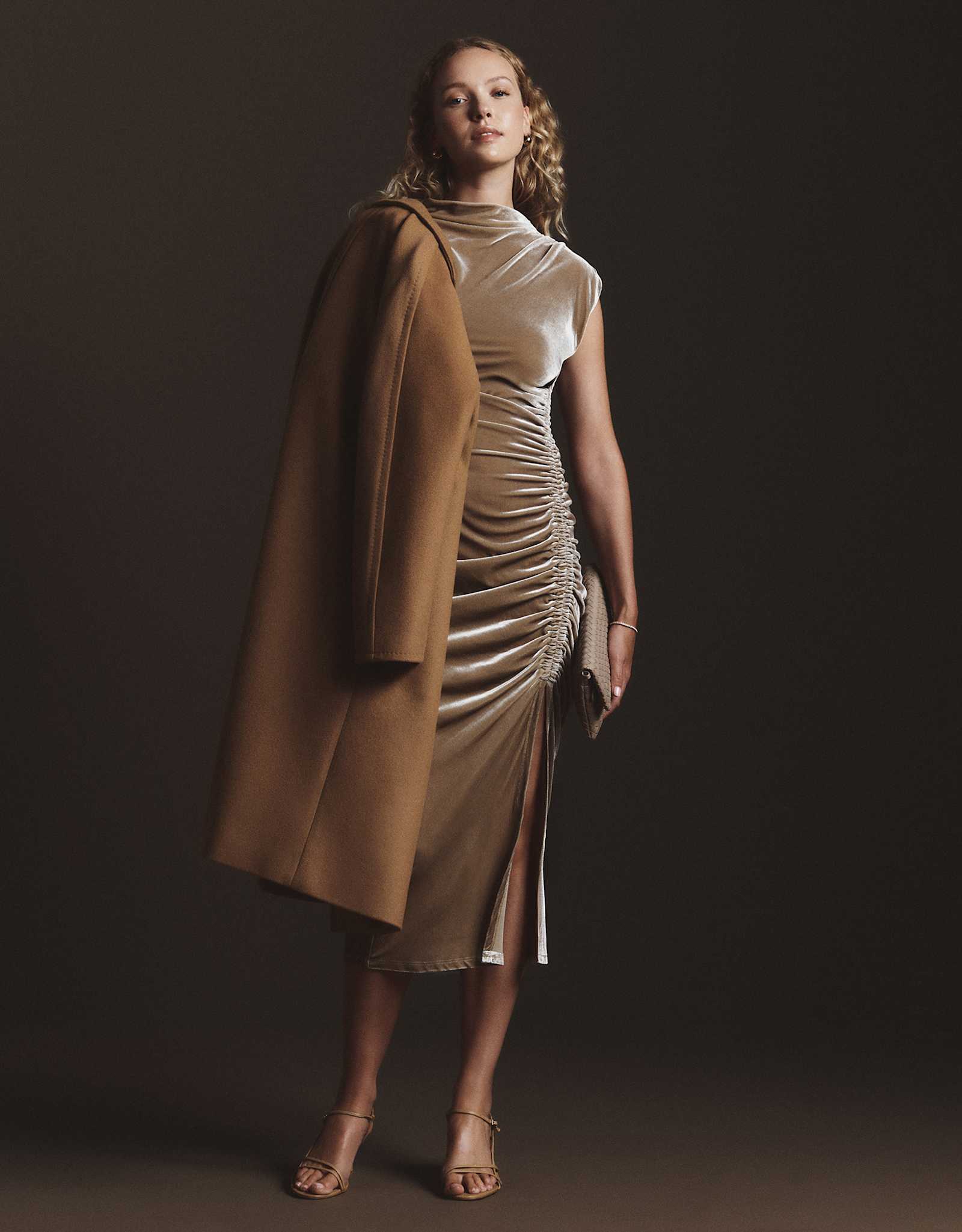 Dogwood Stretch Silk Velvet Ruched Midi Dress