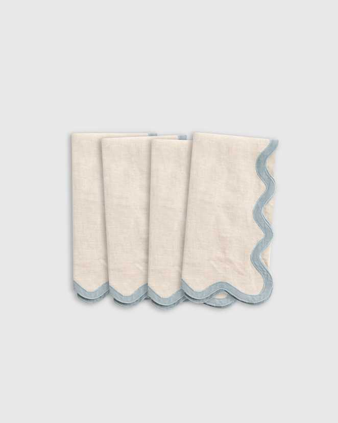Flax/Dusty Blue European Linen Scallop Edge Napkins (Set of 4)