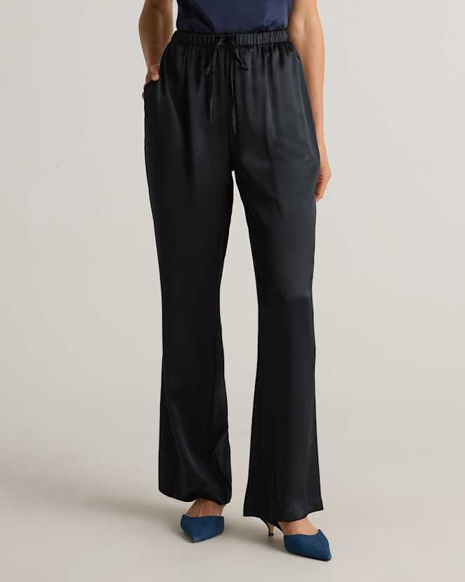 Black 100% Washable Silk Drawstring Wide Leg Pants
