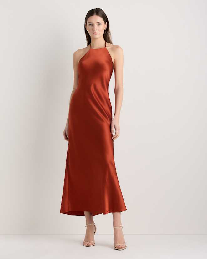 Paprika Red 100% Washable Silk Halter Maxi Dress