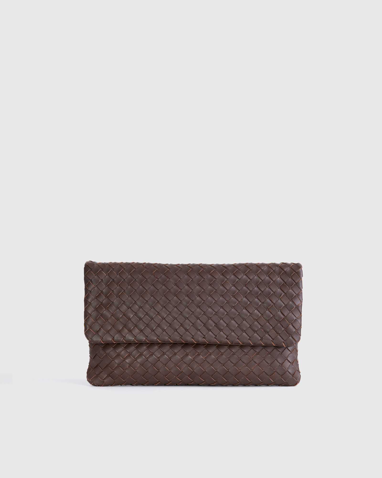 dark-brown Italian Leather Handwoven Convertible Clutch