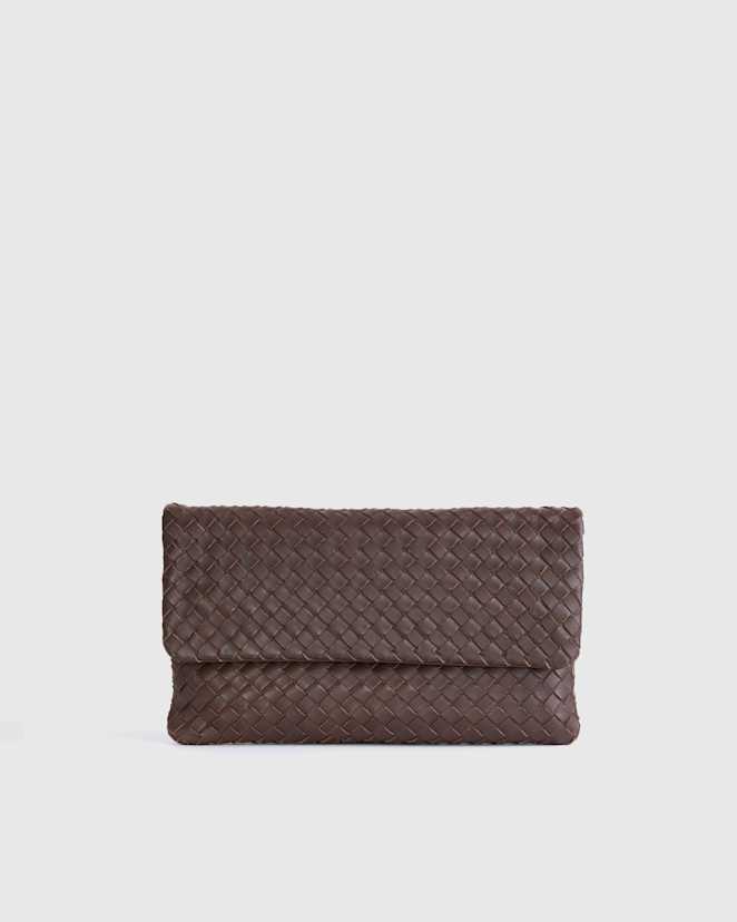 Dark Brown Italian Leather Handwoven Convertible Clutch