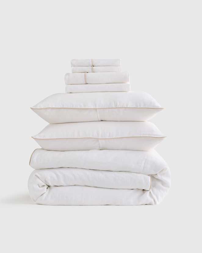 White/Toffee European Linen Piped Deluxe Bedding Bundle