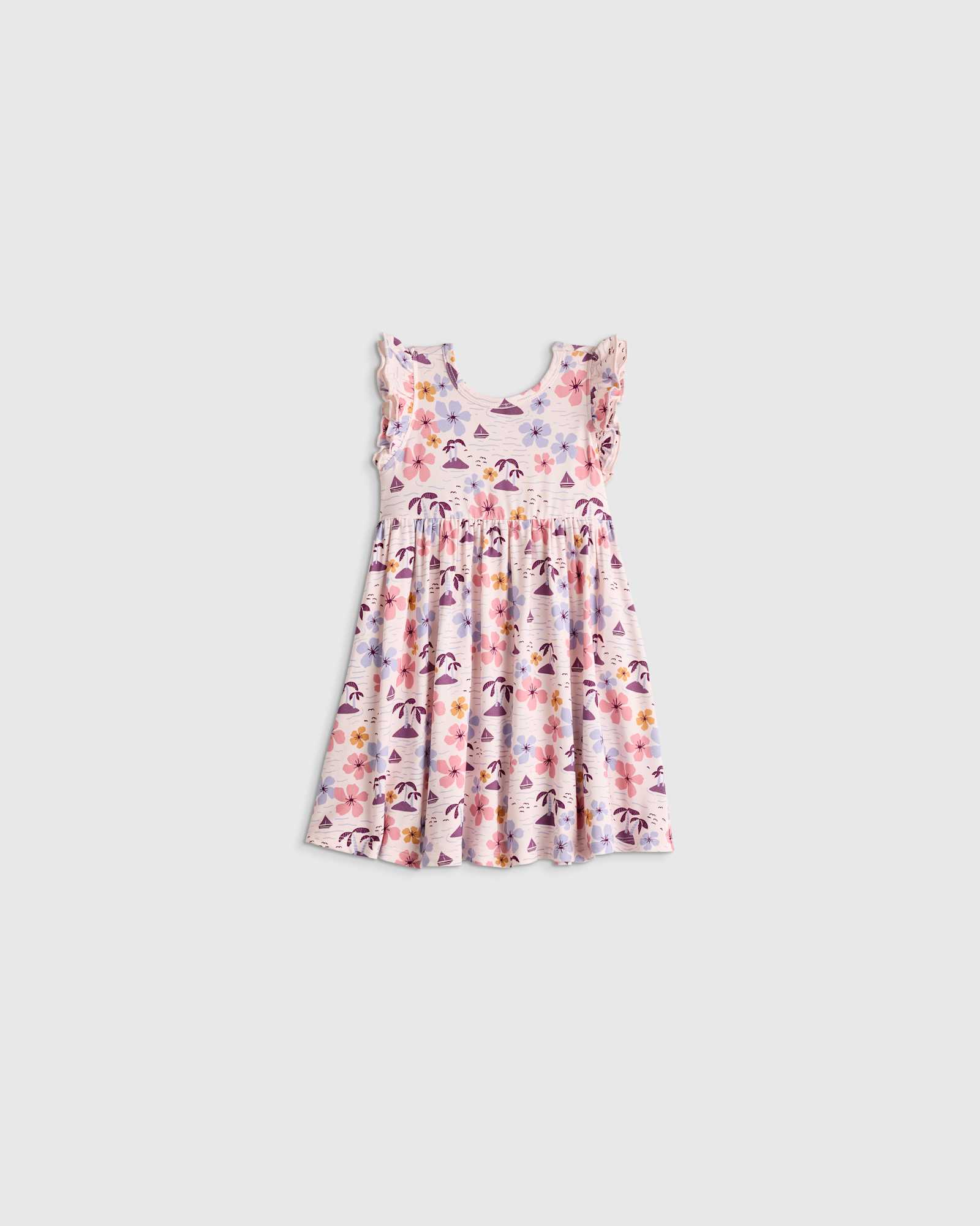 Tropical Scenic Bamboo Short Sleeve Flutter Twirl Dress