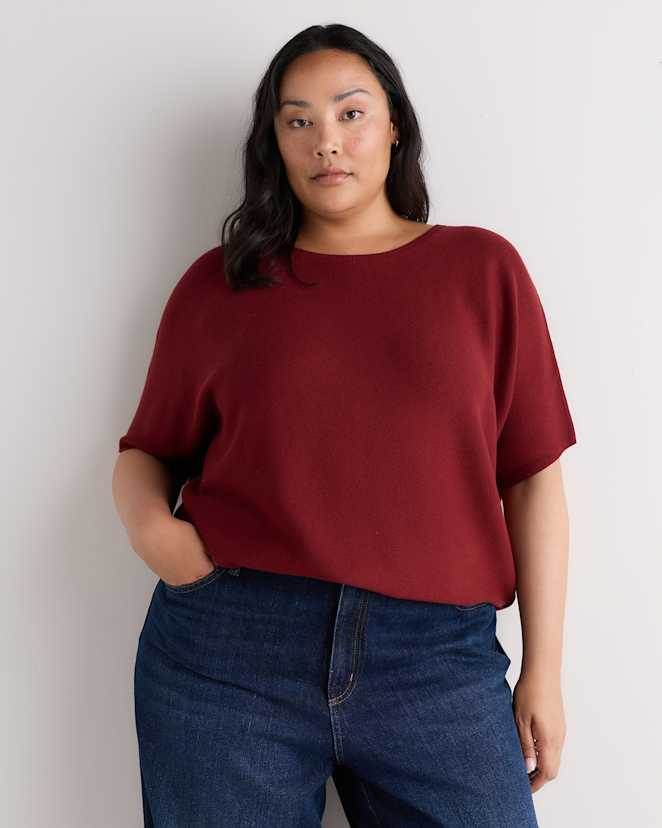 Deep Brick Red Lightweight Cotton Cashmere Link-Stitch Dolman Sweater