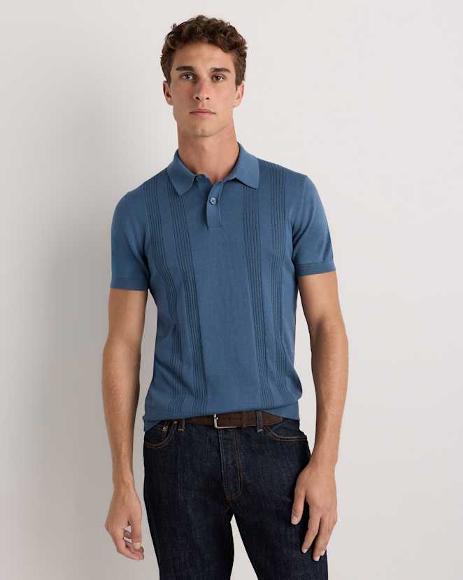 Sailor Blue Cotton-Silk Ribbed Short Sleeve Sweater Polo