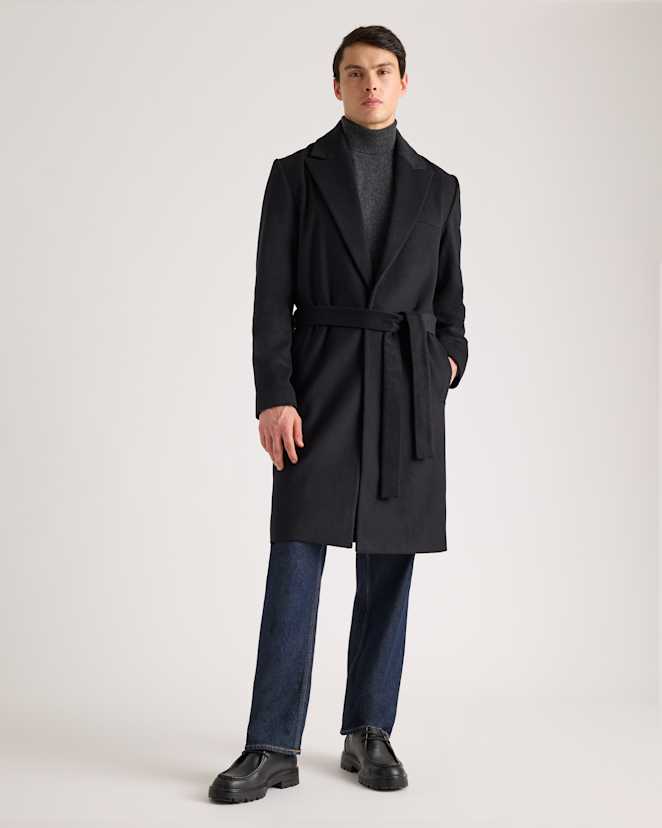 Black Italian Wool Belted Overcoat
