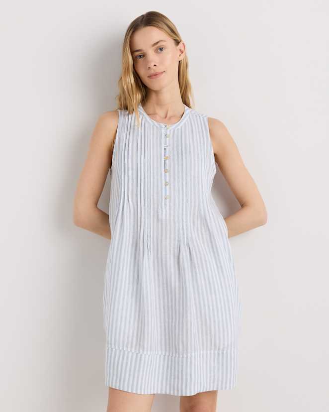 Sky Blue Mariner Stripe Robe trapèze sans manches 100 % lin européen