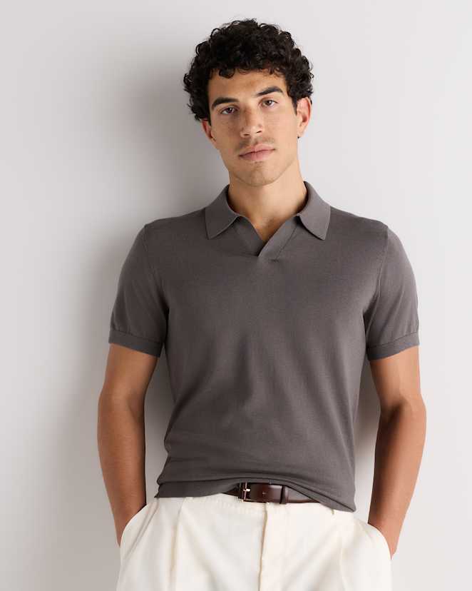 Dark Fossil Grey Cotton-Silk Johnny Collar Polo