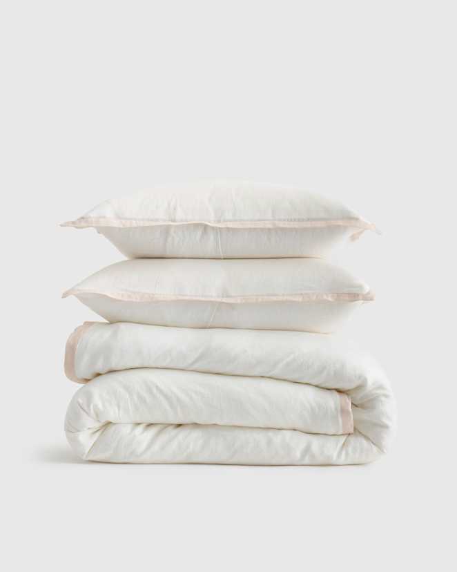 White/Sand European Linen Contrast Flange Duvet Cover Set