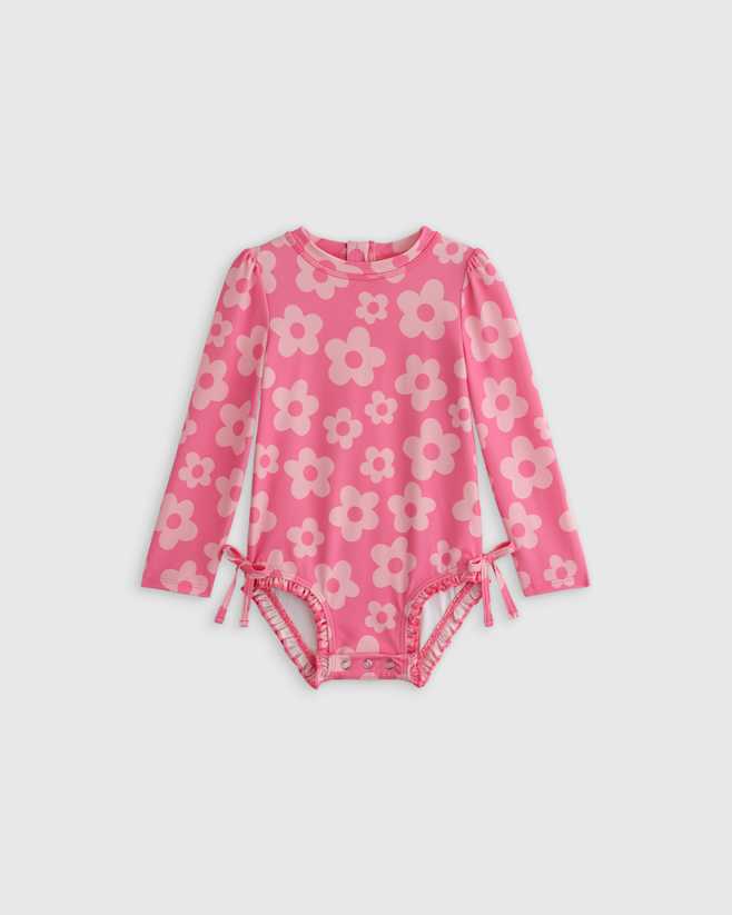 Pink Daisy Long Sleeve Tie One-Piece Swimsuit