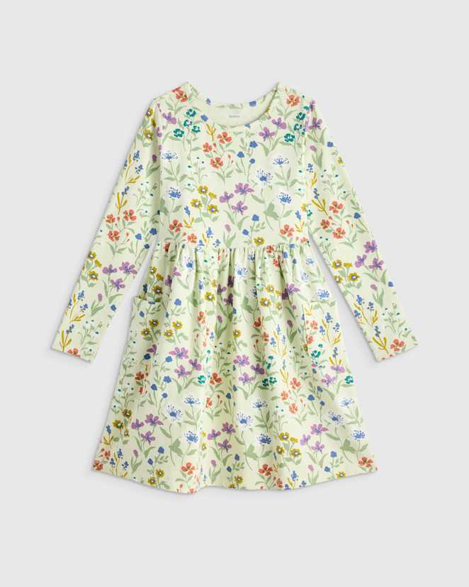 Mint Garden Path Organic Cotton Long Sleeve Fit and Flare Pocket Dress