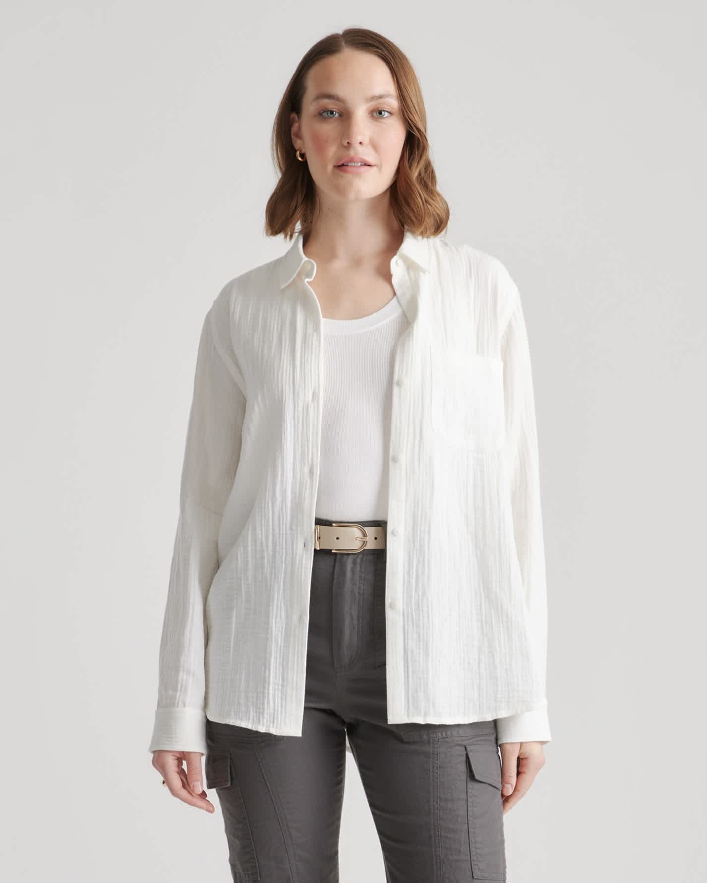 White 100% Organic Cotton Gauze Long Sleeve Shirt