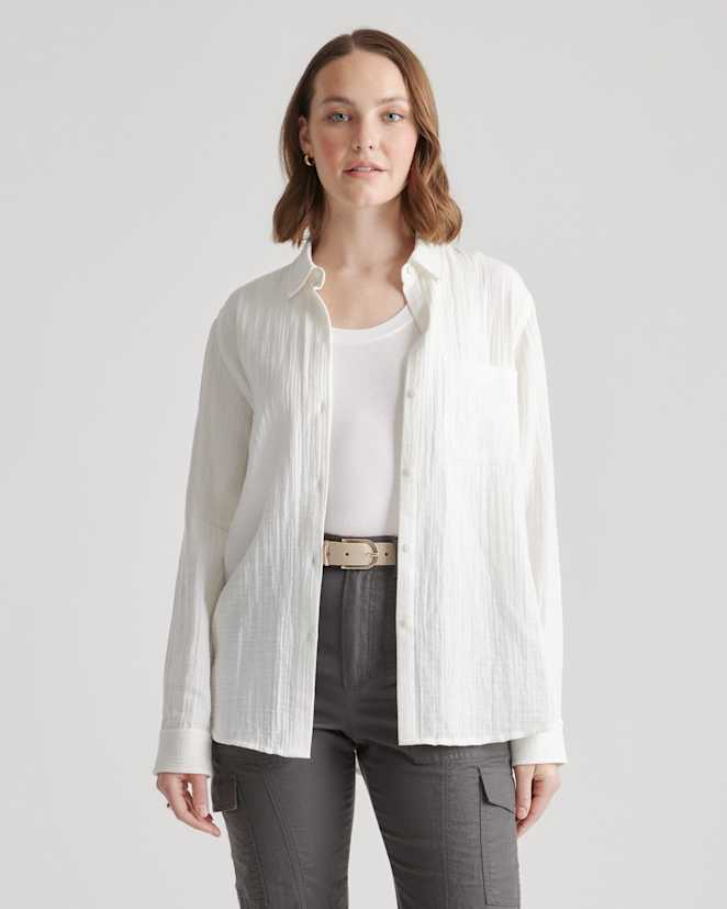 White 100% Organic Cotton Gauze Long Sleeve Shirt