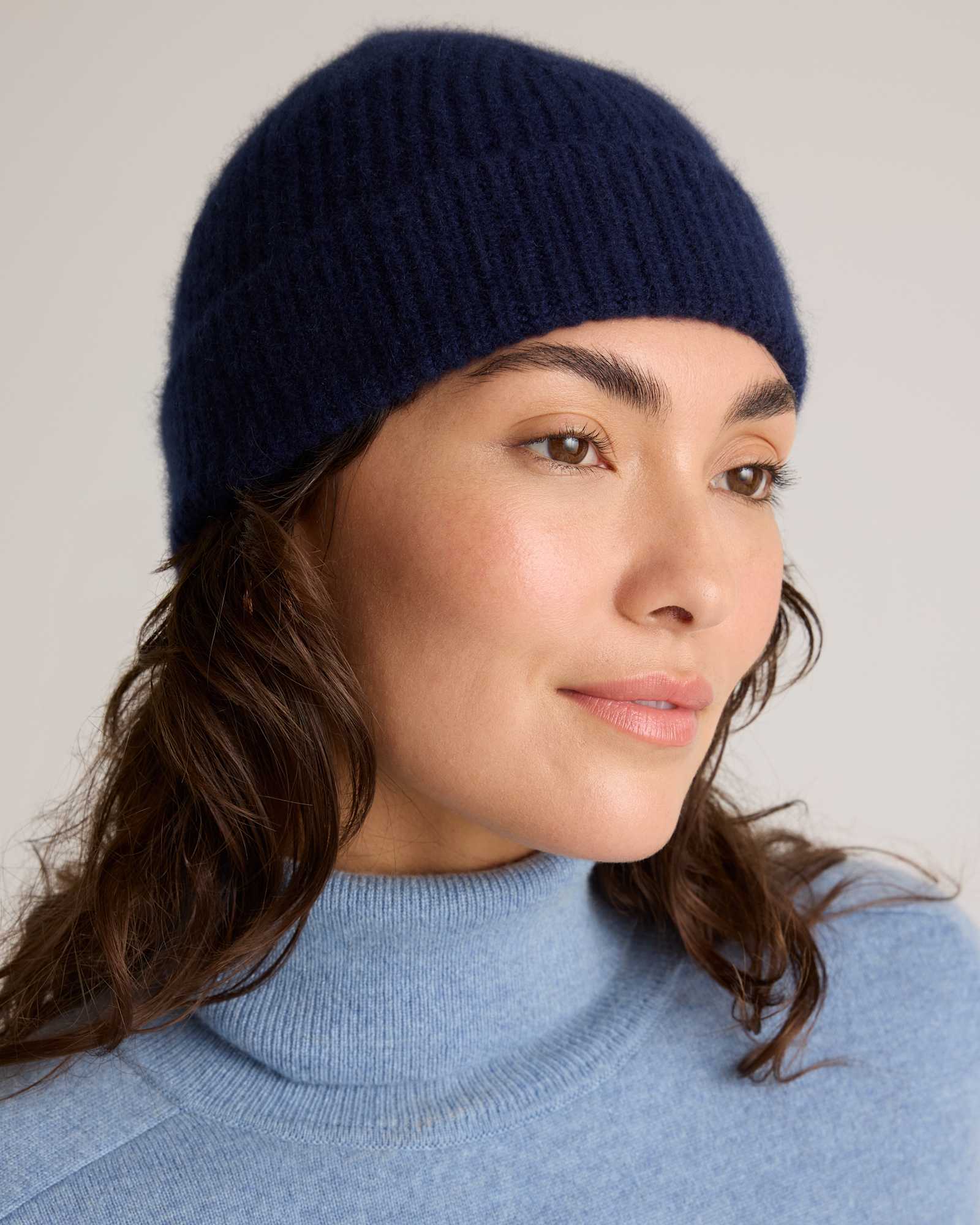 navy Mongolian Cashmere Ribbed Beanie