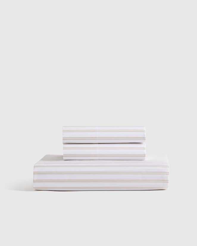 White/Toffee Organic Crisp Percale Double Stripe Fitted Sheet Set