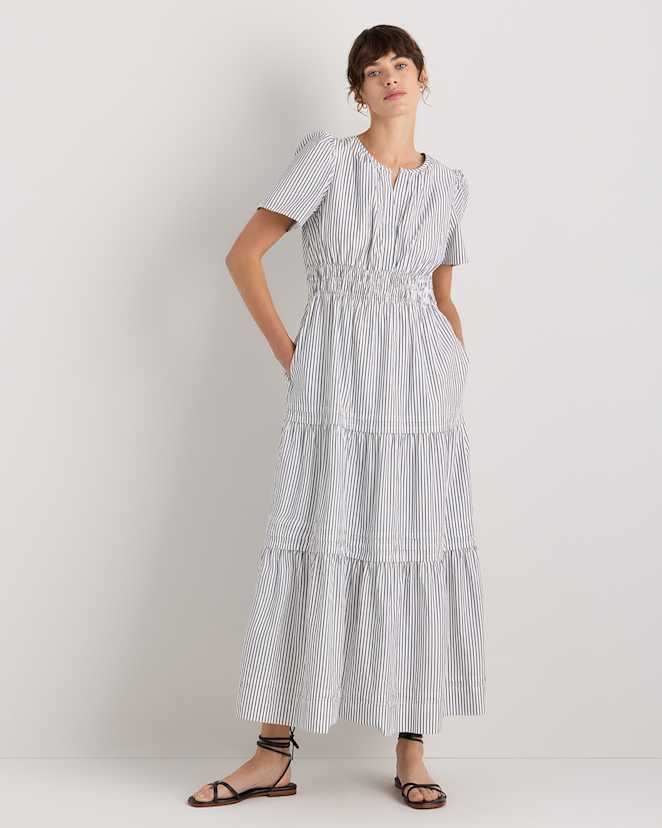 Steel Grey Soho Stripe 100% Organic Cotton Poplin Tiered Maxi Dress