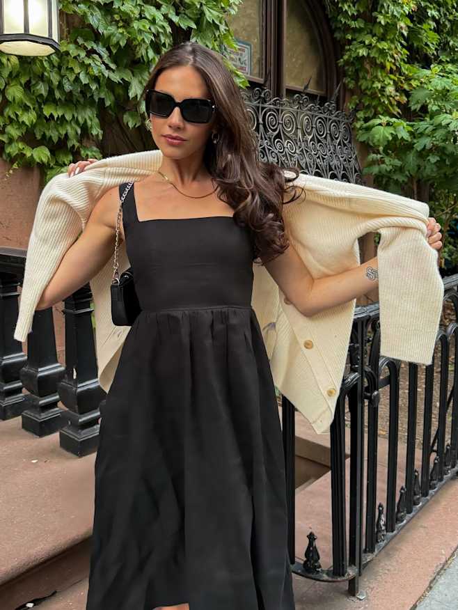 Black 100% European Linen Fit & Flare Midi Dress