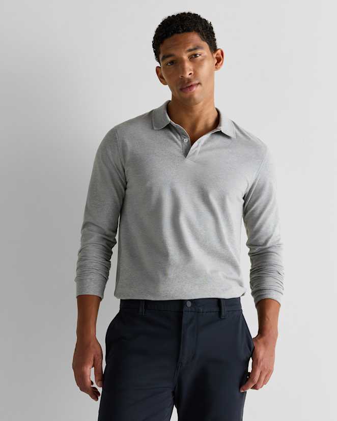 Heather Grey Polo à manches longues en piqué de coton biologique