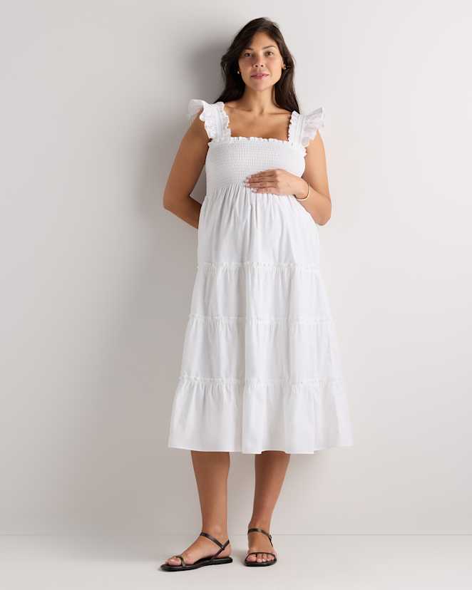 Classic White 100% Organic Cotton Poplin Maternity Smocked Midi Dress